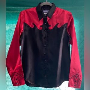 Womens Western Retro Rodeo Satin-look Red & Black Long Sleeves & Trim Blouse SzM